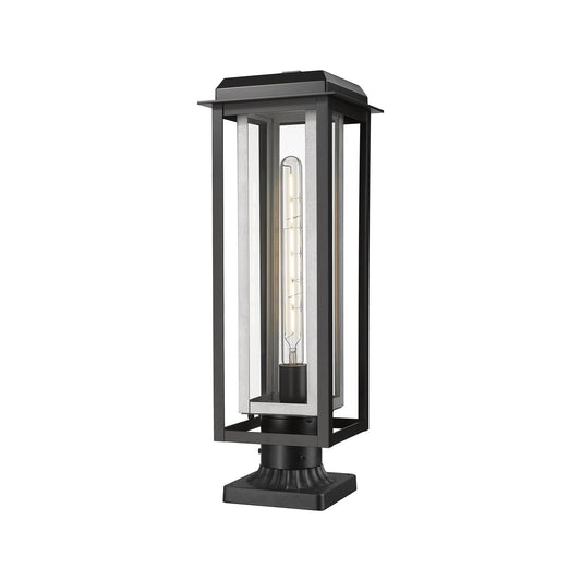 Innovations Mansfield 20in 1-Light Post Light | Contemporary Matte Black Aluminum and Silver Inner Cage Clear Glass | Model 9951-1PLT-BK-20-CG-SV-CL