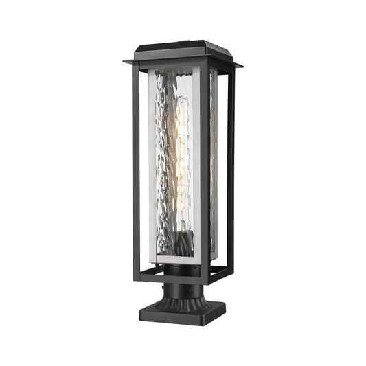 Innovations Mansfield 20in 1-Light Post Light | Contemporary Matte Black Aluminum and Silver Inner Cage Water Glass | Model 9951-1PLT-BK-20-CG-SV-WG