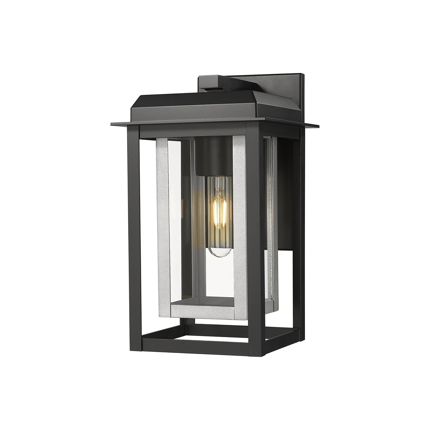 Innovations Mansfield 13in 1-Light Outdoor Wall Sconce | Industrial Matte Black Aluminum and Silver Inner Cage with Clear | Model 9951-1W-BK-13-CG-SV-CL