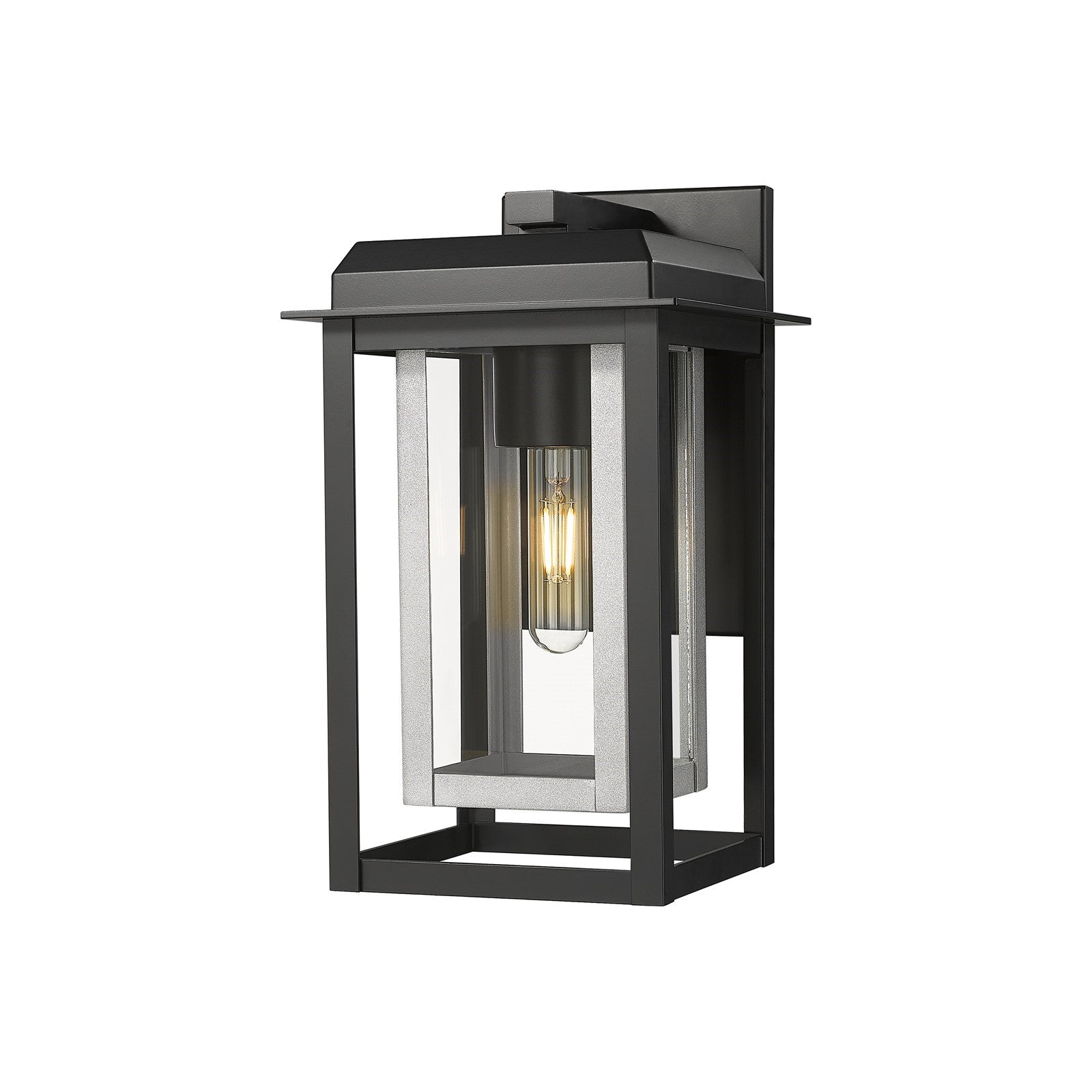 Innovations Mansfield 13in 1-Light Outdoor Wall Sconce | Industrial Matte Black Aluminum and Silver Inner Cage with Clear | Model 9951-1W-BK-13-CG-SV-CL
