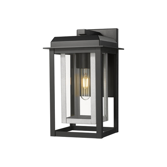 Innovations Mansfield 13in 1-Light Outdoor Wall Sconce | Industrial Matte Black Aluminum and Silver Inner Cage with Clear | Model 9951-1W-BK-13-CG-SV-CL