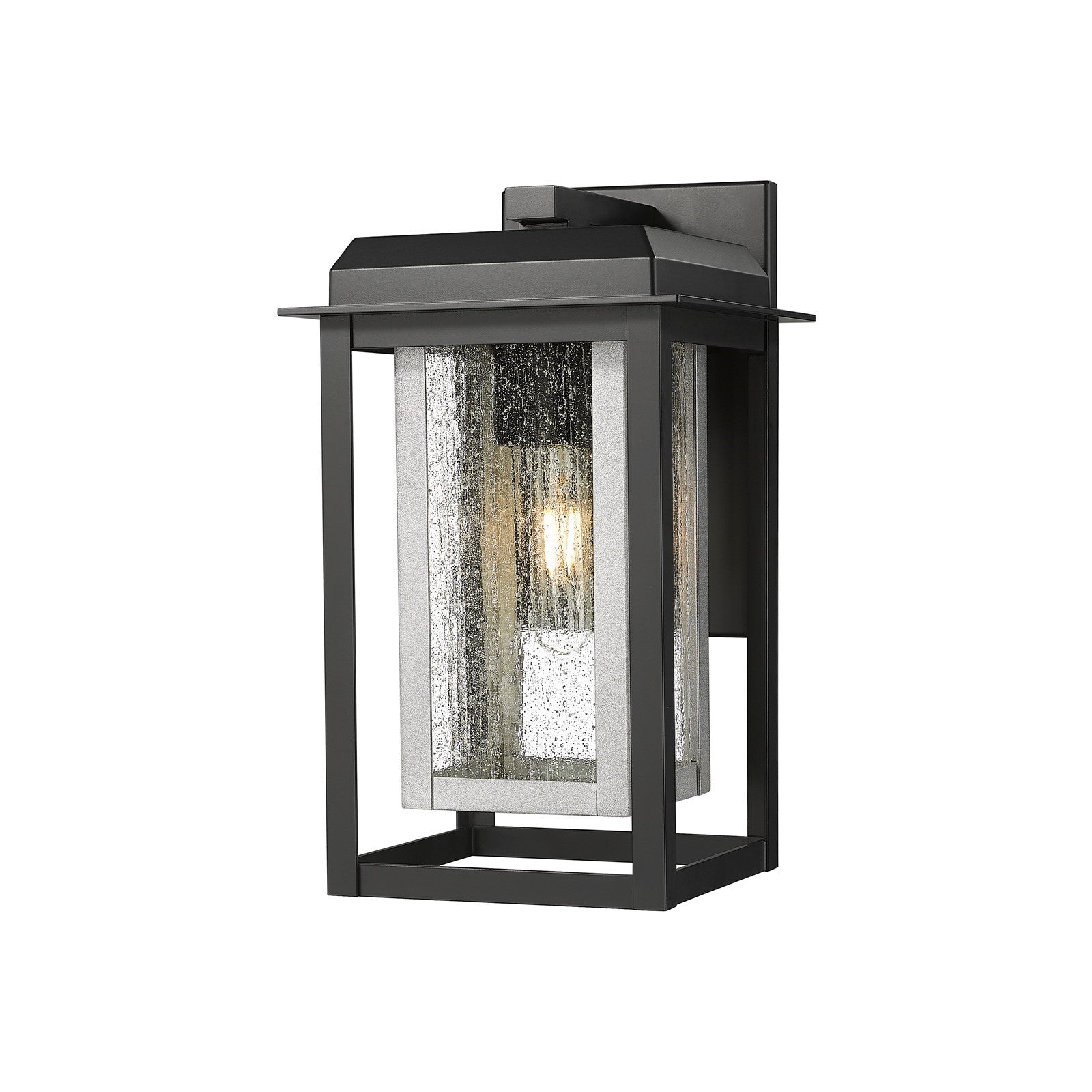 Innovations Mansfield 13in 1-Light Wall Sconce | Contemporary Matte Black Aluminum and Silver Inner Cage with Seedy Glass | Model 9951-1W-BK-13-CG-SV-SDY