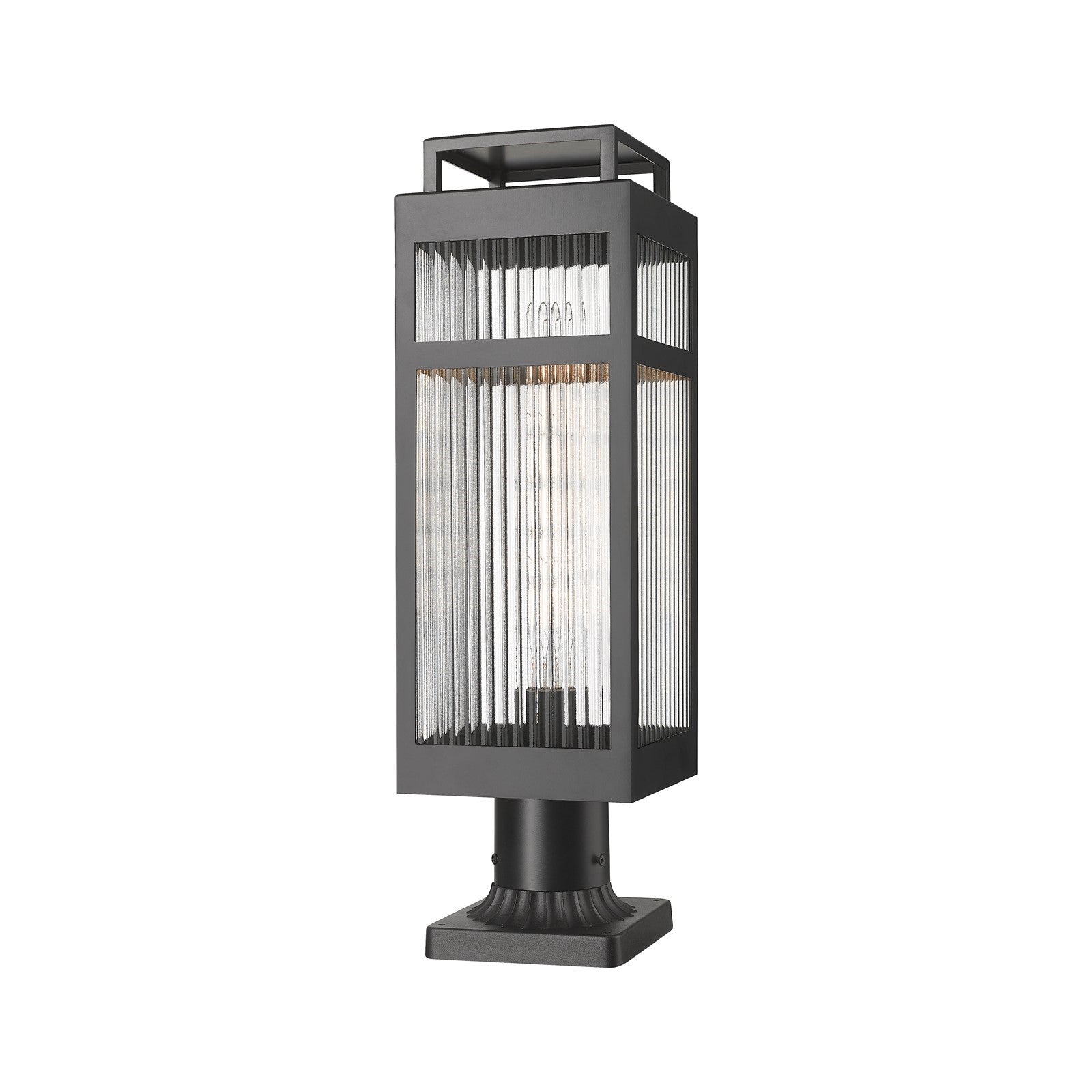 Innovations Ridgeway 7in 1-Light Post Lantern | Matte Black Aluminum and Striped Clear Glass | Pathway & Garden | Model 9953-1PLT-BK-20-SCL