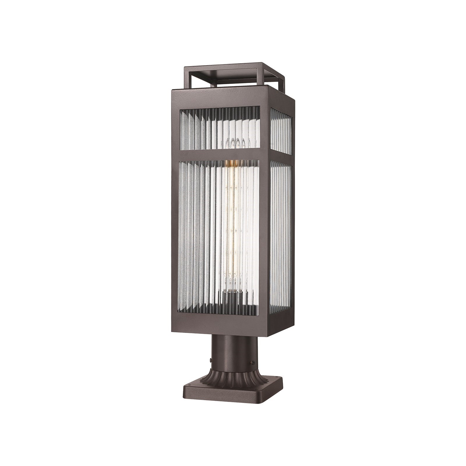 Innovations Ridgeway 7in 1-Light Post Lantern | Contemporary Bronze Aluminum and Striped Clear Glass | Outdoor Pathway & | Model 9953-1PLT-BZ-20-SCL