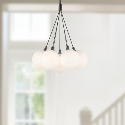 Kuzco Bolla 28in 2-Light Chandelier | Modern Black Steel and Opal Glass | Dining Room & Living Room | 28 x 28 x 29 in | Model CH3117-BK-OP