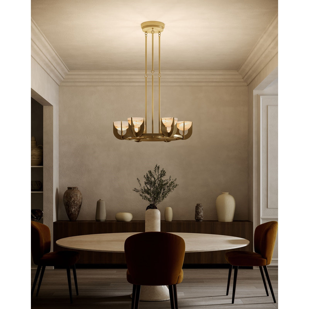 Kuzco Colette 23in 1-Light Chandelier | Art Deco Vintage Brass Steel and Opal Alabaster Shade | Dining Room & Living Room | Model CH362423VBAR-UNV