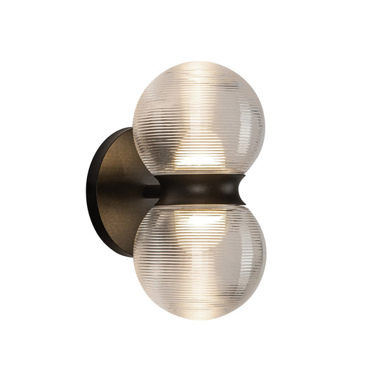 Kuzco Peri 9in LED Exterior Wall Sconce | Modern Black Aluminum and Clear Ribbed Glass | Entryway & Covered Patio | 850lm 3000K | Model EW77209-BK-CR