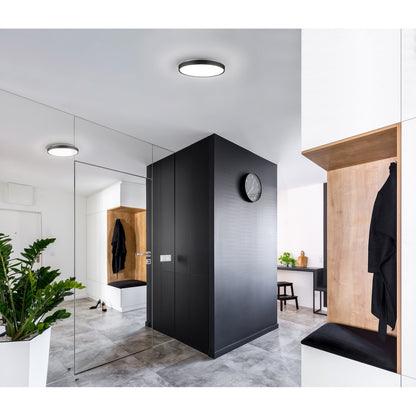 Kuzco Brunswick 18in LED Flush Mount | Modern Black Steel and Frosted Acrylic | Bedroom & Hallway | 17.25 x 3.25 in | Model FM43518-BK-5CCT