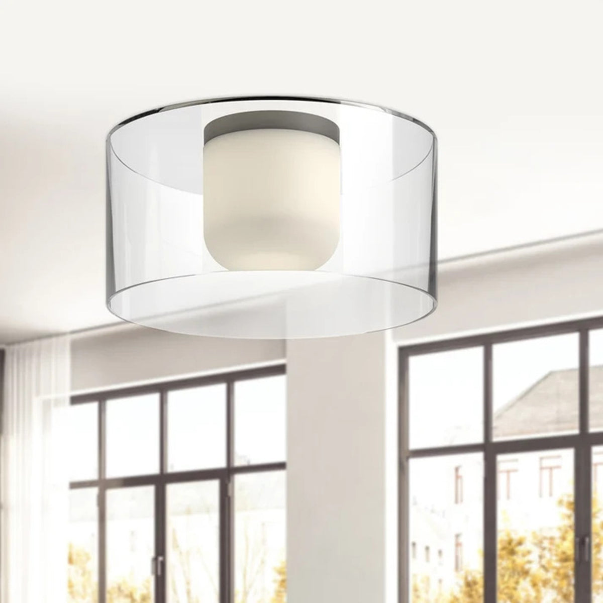 Kuzco Birch 12in LED Flush Mount | Black Cast Aluminum and Clear Glass with White Diffuser | Bathroom & Hallway | 1360 Lumens | Model FM53512-BK-CL