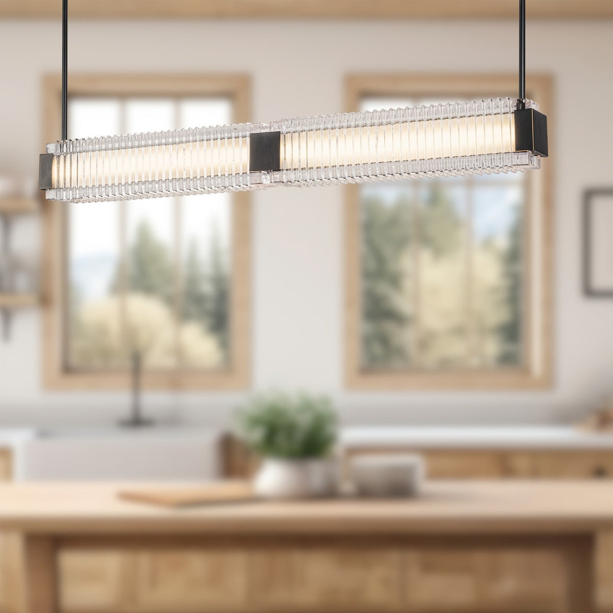 Kuzco Alai 47in 1-Light Linear Pendant | Industrial Urban Bronze Steel and Clear Ribbed Glass | Kitchen Island & Dining Room | Model LP374247UBCR-UNV