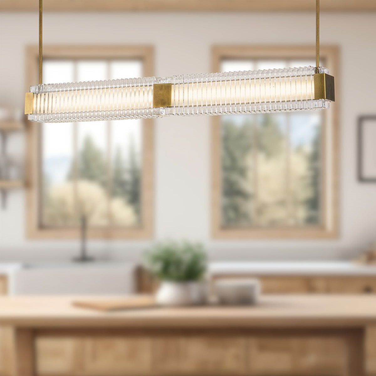 Kuzco Alai 47in 1-Light Linear Pendant | Vintage Brass Steel and Clear Ribbed Glass | Kitchen Island & Dining Room | 2570lm | Model LP374247VBCR-UNV