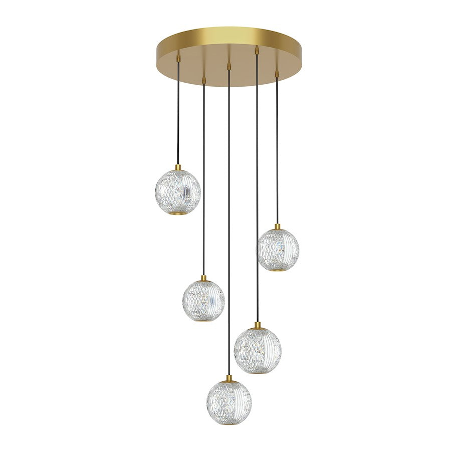 Alora Marni 5 Head LED Multi Pendant, Brass/Clear Carved Acrylic - MP321205NB