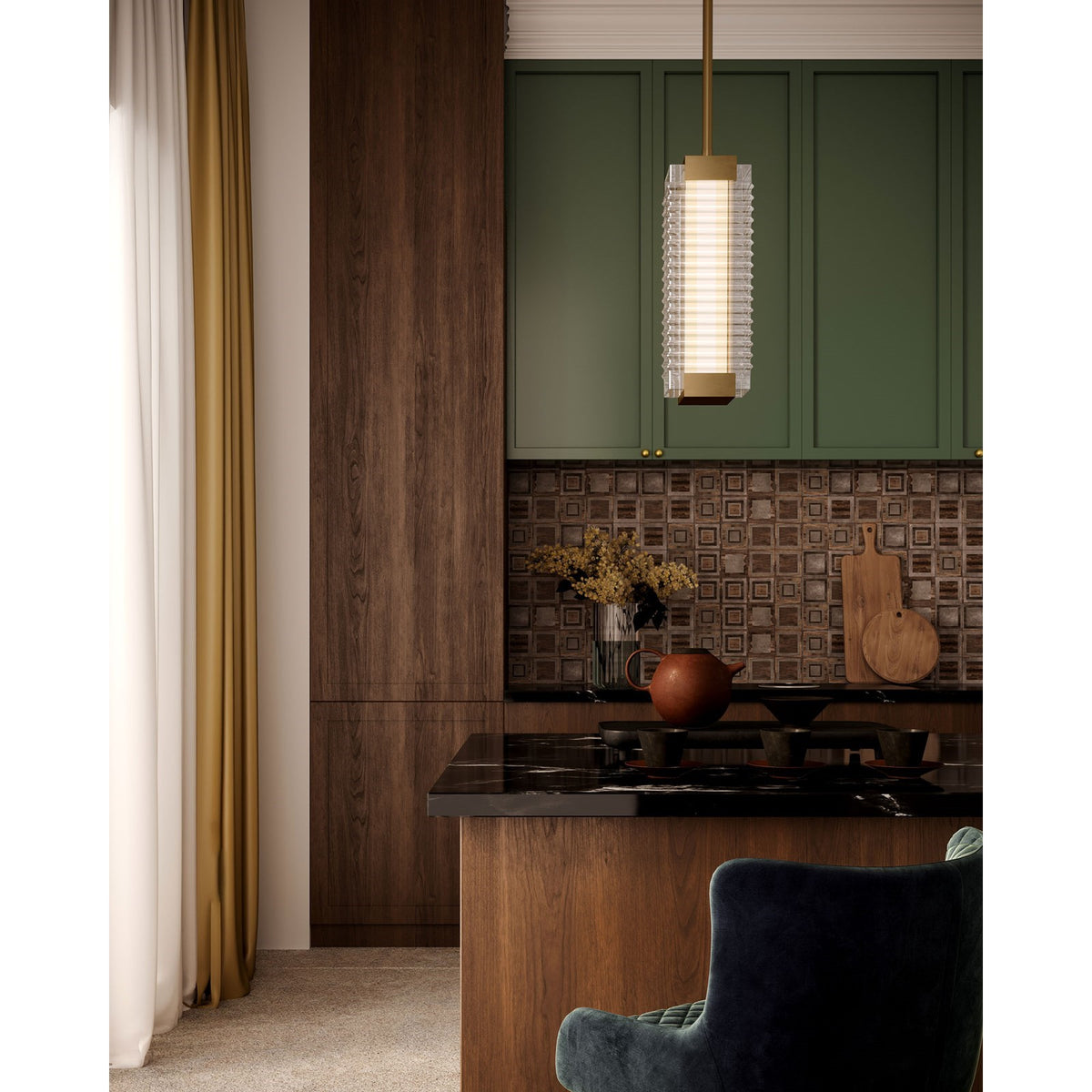 Kuzco Alai 16in 1-Light Pendant | Vintage Brass Steel and Clear Ribbed Glass | Kitchen Island & Dining Room | Model PD374316VBCR-UNV