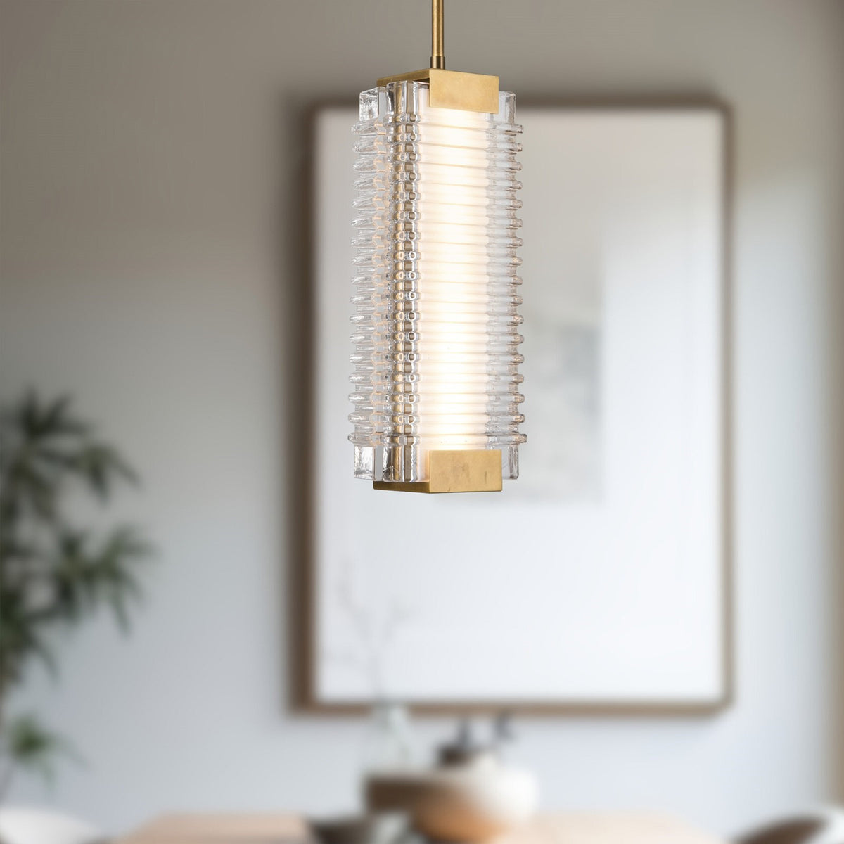 Kuzco Alai 16in 1-Light Pendant | Vintage Brass Steel and Clear Ribbed Glass | Kitchen Island & Dining Room | Model PD374316VBCR-UNV