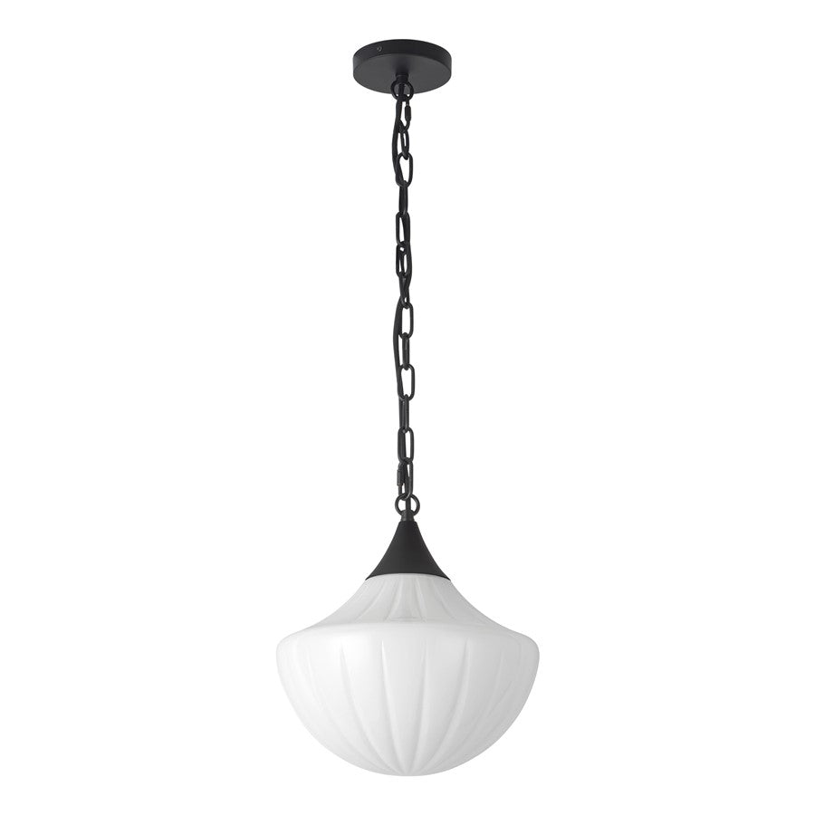 Kuzco Farrah 12" Black Pend, Matte Black/Glossy Ribbed Opal Glass