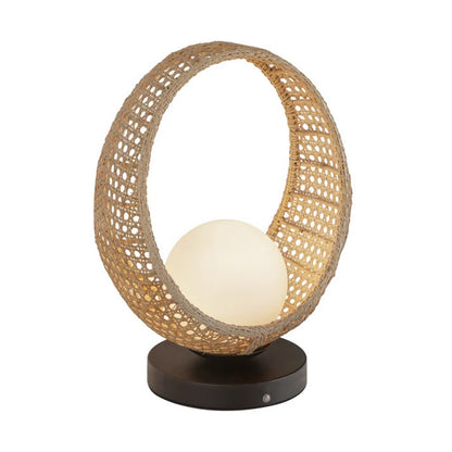 Kuzco Lanai 16in LED Table Lamp | Matte Black Steel and Rattan with Opal Glass | Covered Patio & Indoor Portable Lamp | 380lm | Model TL20616-BK-OP