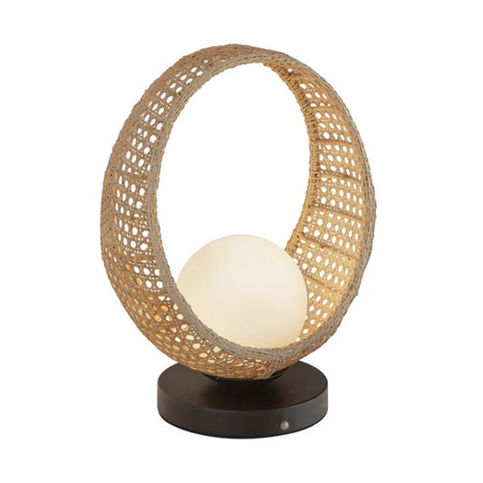 Kuzco Lanai 16in LED Table Lamp | Matte Black Steel and Rattan with Opal Glass | Covered Patio & Indoor Portable Lamp | 380lm | Model TL20616-BK-OP