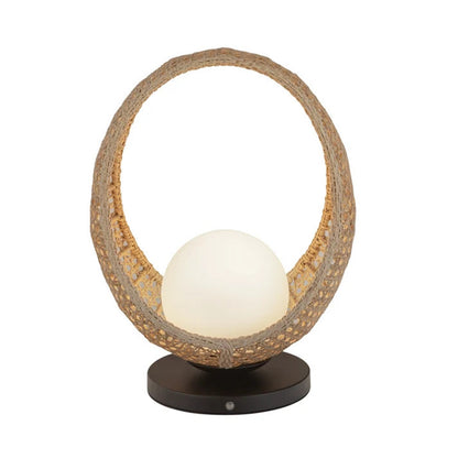 Kuzco Lanai 16in LED Table Lamp | Matte Black Steel and Rattan with Opal Glass | Covered Patio & Indoor Portable Lamp | 380lm | Model TL20616-BK-OP
