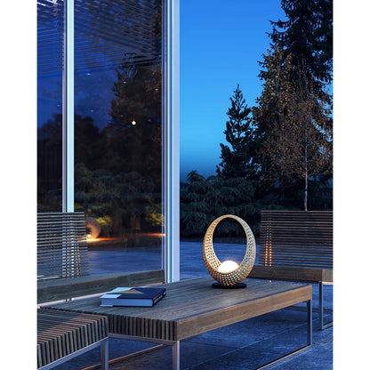 Kuzco Lanai 16in LED Table Lamp | Matte Black Steel and Rattan with Opal Glass | Covered Patio & Indoor Portable Lamp | 380lm | Model TL20616-BK-OP
