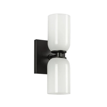Kuzco Nola 12in 2-Light Wall Sconce | Modern Black and Glossy Opal Glass | Living Room & Hallway | 3.62 x 12.5 in | Model WS57712-BK-GO