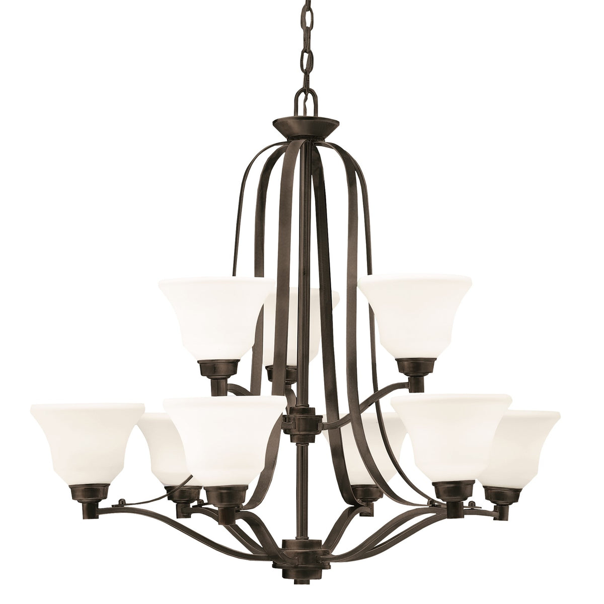Kichler Langford 33in 9-Light Chandelier | Transitional Olde Bronze and Satin Etched White Glass | Dining Room & Foyer | 33 x 30 in | Model 1784OZ