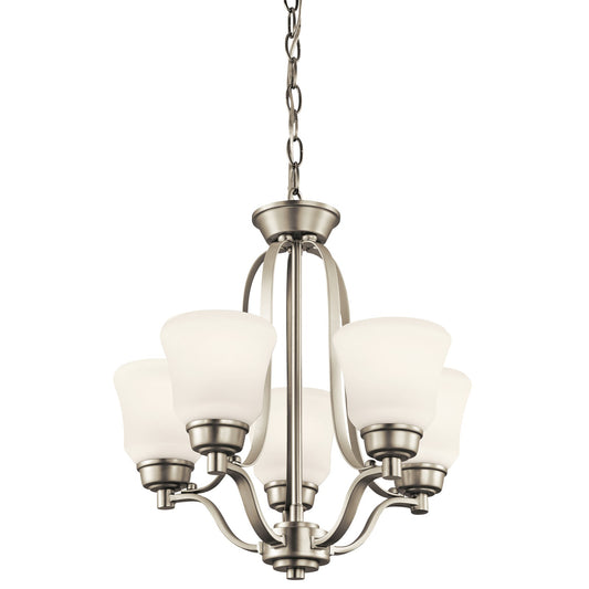 Kichler Langford 16in 5-Light Mini Chandelier | Transitional Brushed Nickel and Satin Etched White | Dining Room & Kitchen Island | Model 1788NI