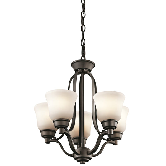 Kichler Langford 16in 5-Light Mini Chandelier | Transitional Olde Bronze and Satin Etched White | Dining Room & Kitchen Island | Model 1788OZ