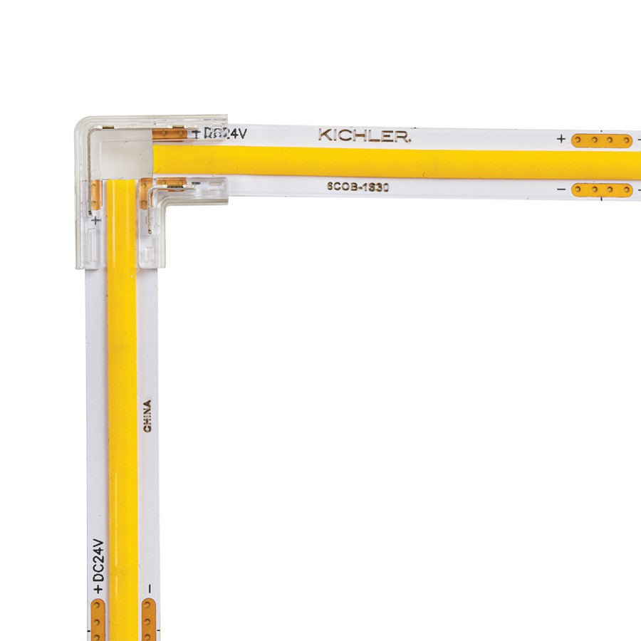 Kichler COB Dry 90 Degree Crimp Connector | Clear Plastic | Under Cabinet & Shelf Tape Light | 24V DC | Model 1CCOB90CLR