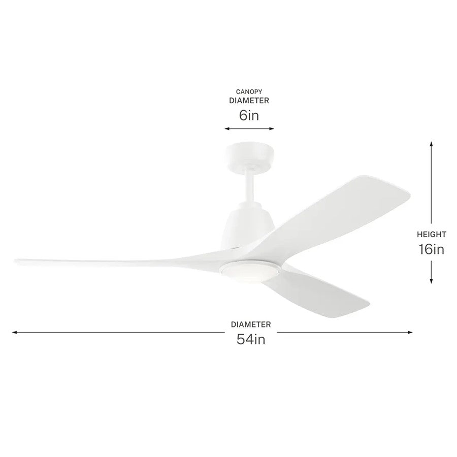 Kichler Volos II 54in 3-Blade Ceiling Fan | Matte White Steel and White Blades | Living Room & Bedroom | 1742 Lumens, 3000K | Model 300054-MWH
