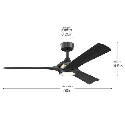 Kichler Veetra 56in 3-Blade Ceiling Fan | Modern Matte Black and Black Blades | Living Room & Bedroom | 14.5 in H | Model 300056-BK