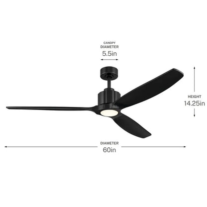 Kichler Calyx 60in 3-Blade Ceiling Fan | Modern Matte Black & Solid Wood Blades | Living Room & Bedroom | 14.25in H | Model 300360-BK
