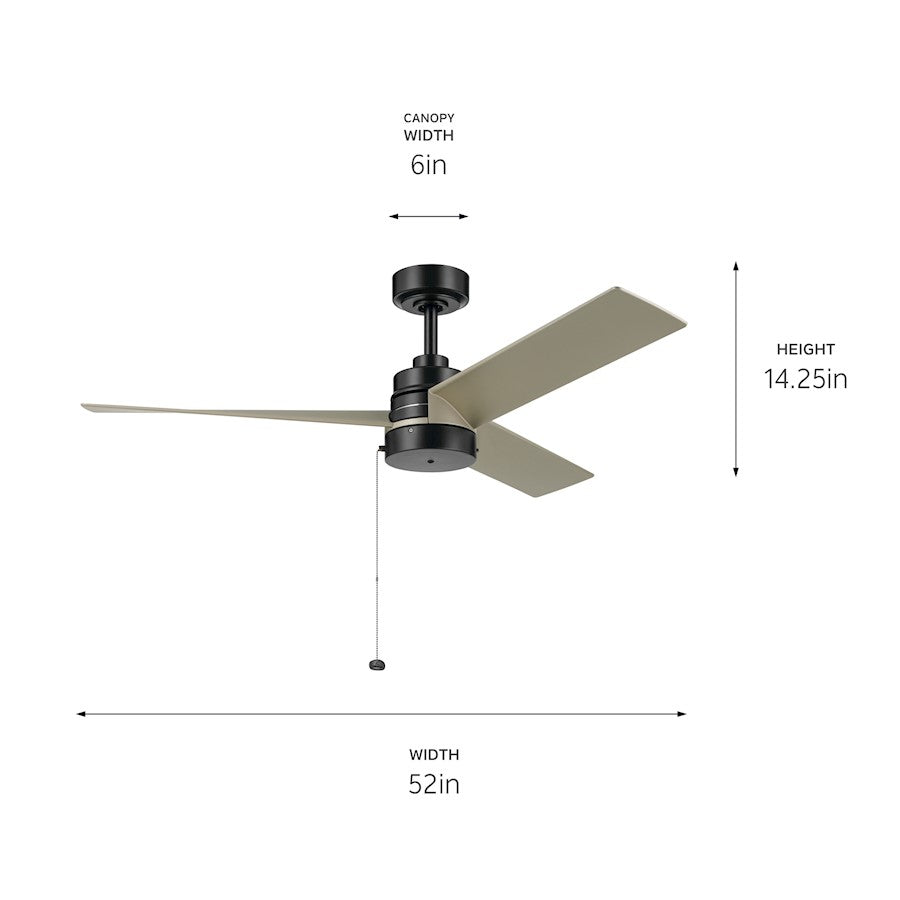 Kichler Spyn Lite 52in Ceiling Fan | Transitional Satin Black Steel and ABS Blades | Bedroom & Living Room 100-150 sq ft | 52in Span | Model 300375SBK