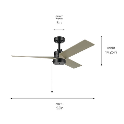 Kichler Spyn Lite 52in Ceiling Fan | Transitional Satin Black Steel and ABS Blades | Bedroom & Living Room 100-150 sq ft | 52in Span | Model 300375SBK