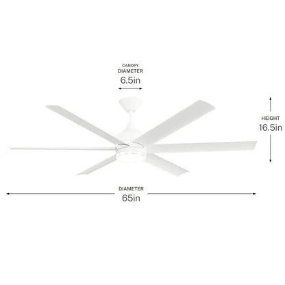 Kichler Solen 65in 6-Blade Ceiling Fan | Modern Matte White Steel with Integrated LED | Wet-Rated for Covered Patios & Outdoor | Model 310065-MWH