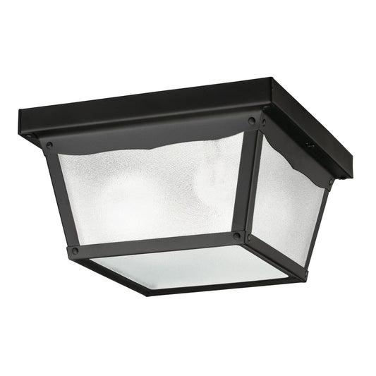 Kichler New Street 9in 2-Light Outdoor Flush Mount | Utilitarian Black and Clear Textured Glass | Covered Porch & Veranda | Model 345BK