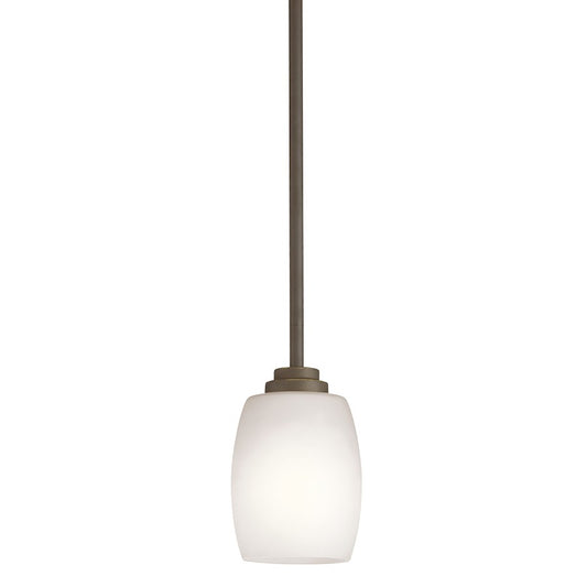 Kichler Eileen 4.5in 1-Light Mini Pendant | Industrial Olde Bronze and Satin Etched Cased Opal Glass | Kitchen Island | Model 3497OZS