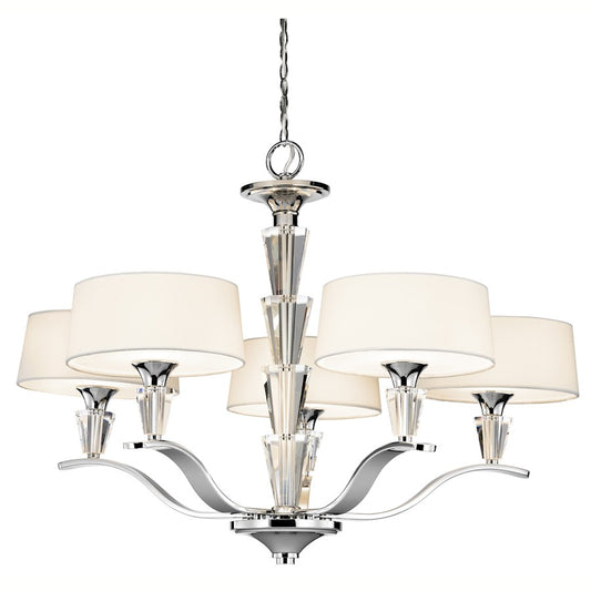 Kichler Crystal Persuasion 30in 5-Light Chandelier | Transitional Chrome and White Linen Fabric Shades | Dining Room & Living Room | Model 42030CH