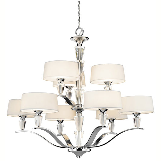 Kichler Crystal Persuasion 37in 9-Light Chandelier | Transitional Chrome and White Linen Fabric Shades | Dining Room & Foyer | Model 42031CH