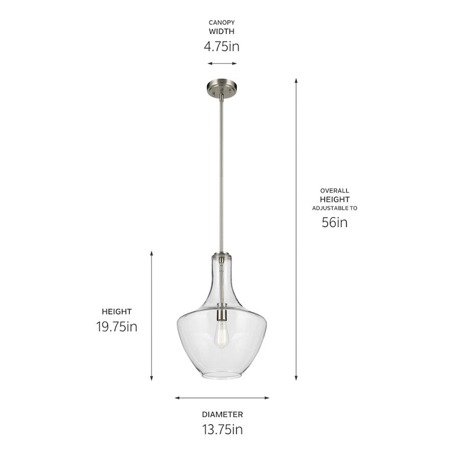 1 Light Bell 19.75" Pendant, Brushed Nickel