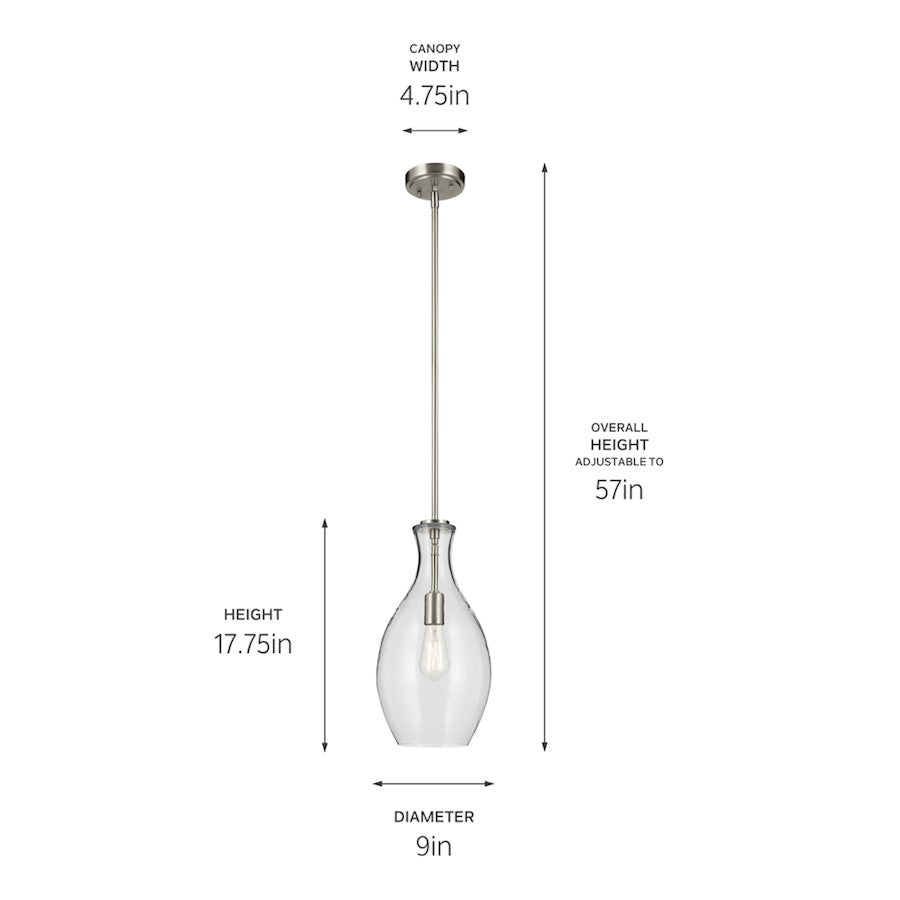 1 Light Bell 17.75" Pendant, Brushed Nickel