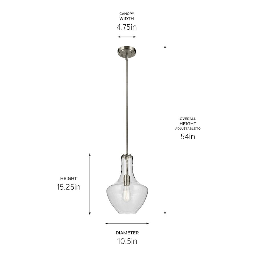 1 Light Bell 15.25" Pendant, Brushed Nickel