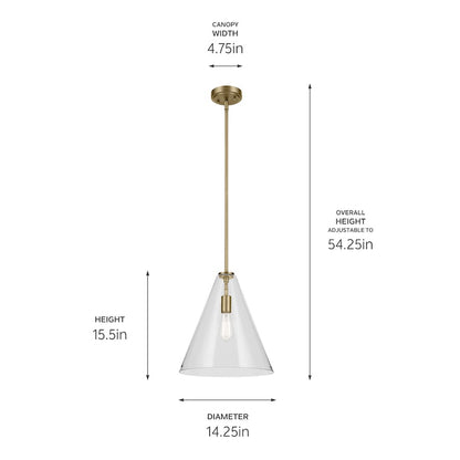 1 Light Cone 15.5" Pendant, Natural Brass