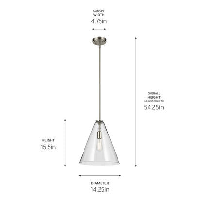 1 Light Cone 15.5" Pendant, Brushed Nickel