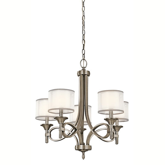 Kichler Lacey 25in 5-Light Chandelier | Antique Pewter and White Organza Shades | Dining Room & Living Room | 25 x 26 x 100 in | Model 42381AP