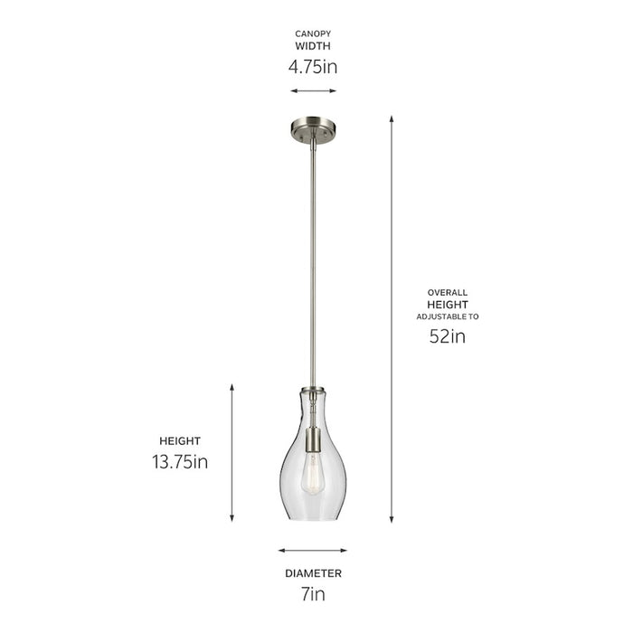 Kichler Everly 1 Light Bell 13.75" Pendant, Brushed Nickel/Clear