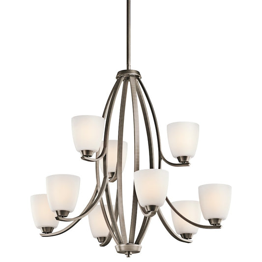 Kichler Granby 33in 9-Light Chandelier | Transitional Brushed Pewter and Satin Etched Opal Glass | Dining Room & Living Room | Model 42559BPT