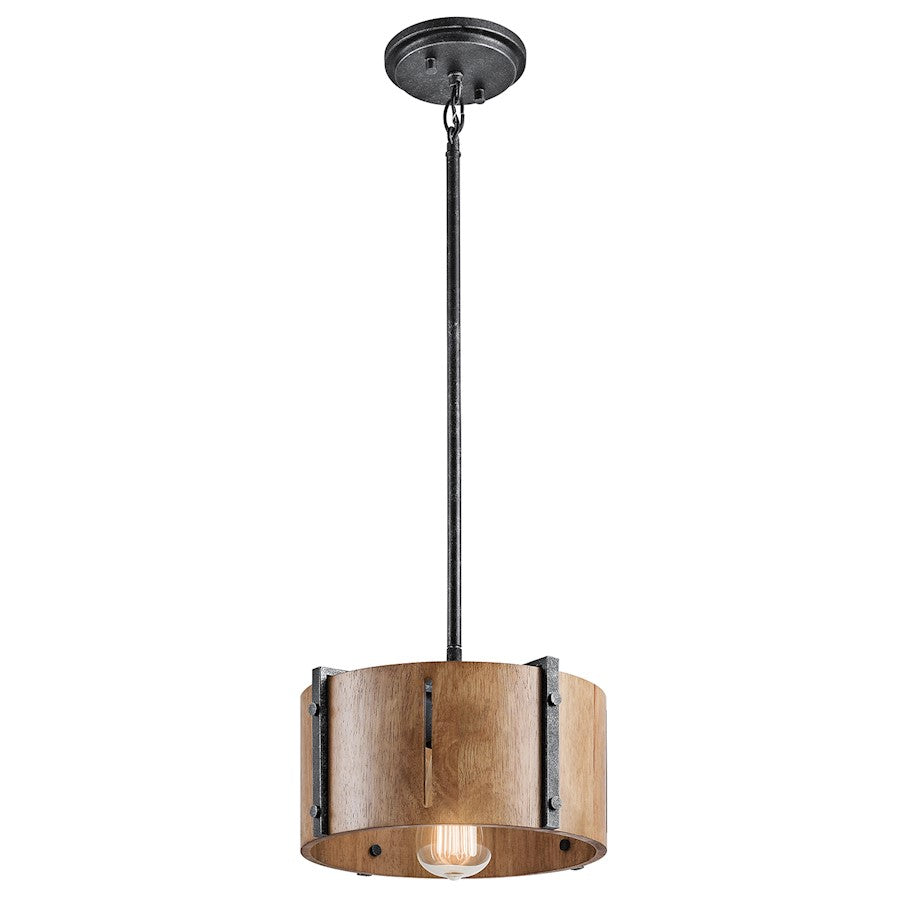 Kichler Elbur 11in 1-Light Pendant/Semi Flush | Mid-Century Distressed Black and Natural Maple | Kitchen Island & Dining Room | Model 42643DBK
