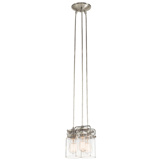 Kichler Brinley 8.5in 3-Light Pendant | Rustic Brushed Nickel and Clear Glass | Kitchen Island & Dining Room | 8.5 x 7.75 in | Model 42869NI