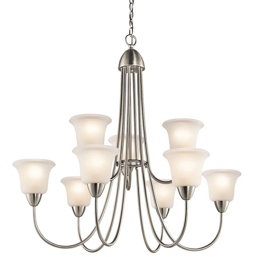 Kichler Nicholson 34in 9-Light Chandelier | Transitional Brushed Nickel and Satin Etched Glass | Dining Room & Great Room | 34 x 32 in | Model 42885NI
