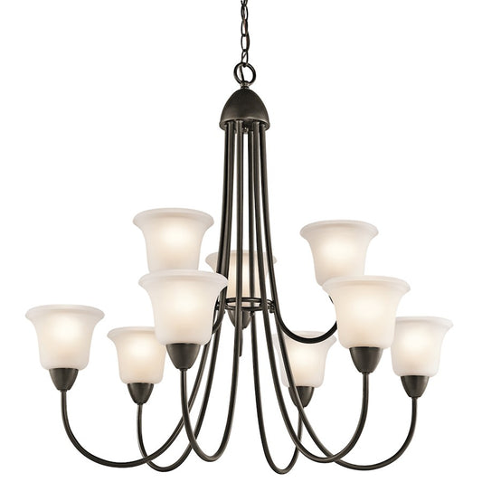 Kichler Nicholson 34in 9-Light Chandelier | Transitional Olde Bronze and Satin Etched Glass | Dining Room & Living Room | Model 42885OZ